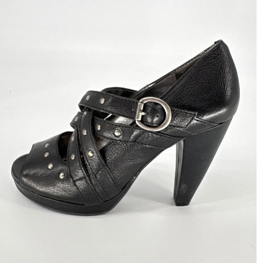 Gianni Bini Black Studded Strappy Peep Toe Platform Heels Size 6.5 Goth Biker